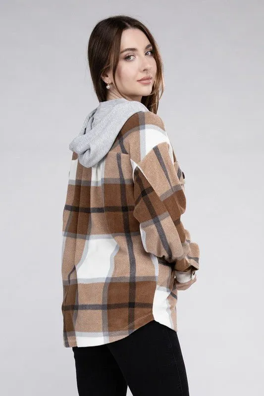 Cozy Plaid Fleece Hooded Shacket with Drawstring