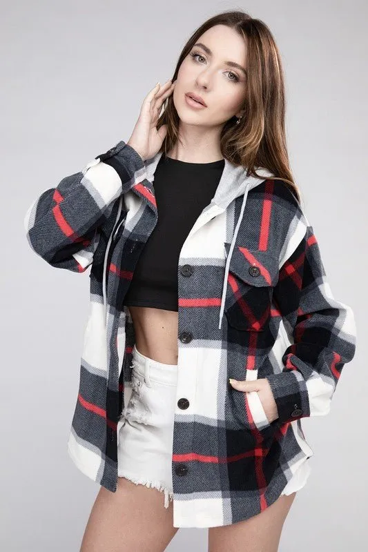 Cozy Plaid Fleece Hooded Shacket with Drawstring