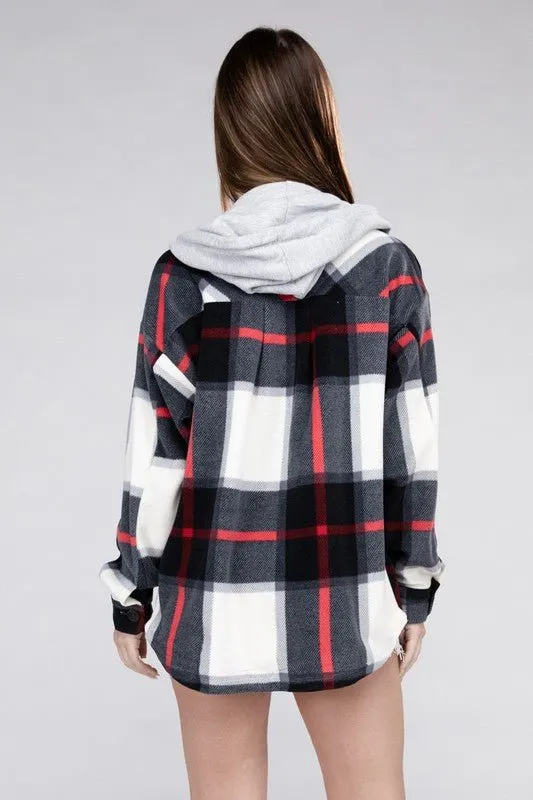 Cozy Plaid Fleece Hooded Shacket with Drawstring