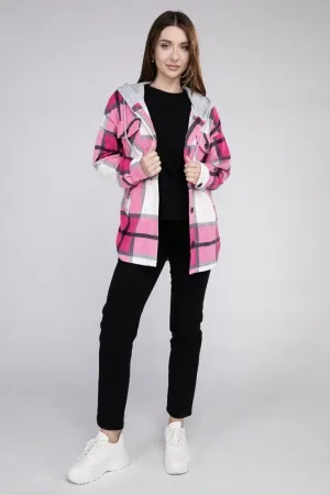 Cozy Plaid Fleece Hooded Shacket with Drawstring