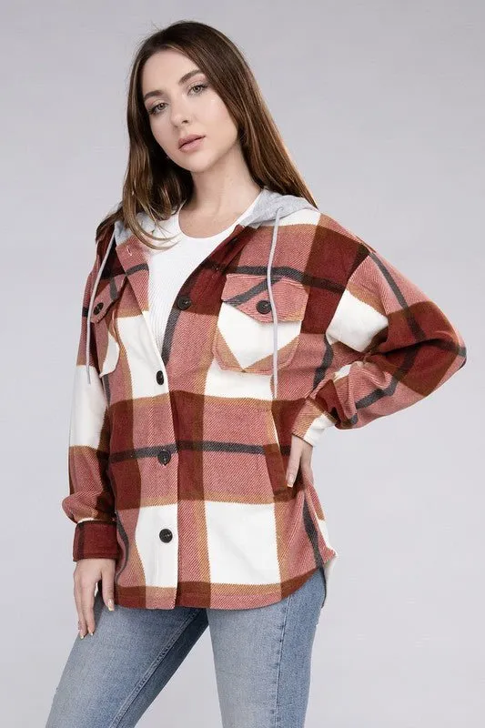 Cozy Plaid Fleece Hooded Shacket with Drawstring