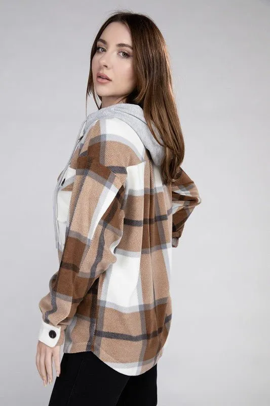 Cozy Plaid Fleece Hooded Shacket with Drawstring