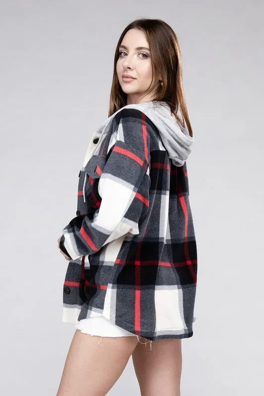 Cozy Plaid Fleece Hooded Shacket with Drawstring