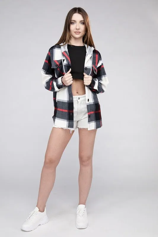 Cozy Plaid Fleece Hooded Shacket with Drawstring