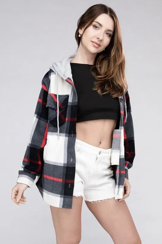 Cozy Plaid Fleece Hooded Shacket with Drawstring