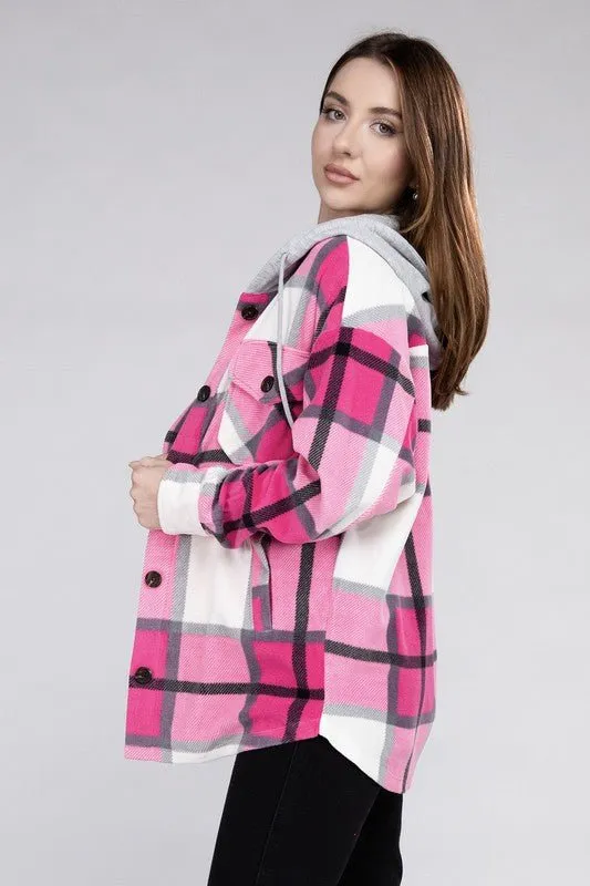 Cozy Plaid Fleece Hooded Shacket with Drawstring