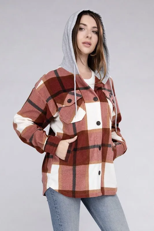 Cozy Plaid Fleece Hooded Shacket with Drawstring