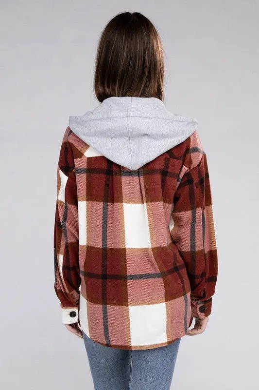 Cozy Plaid Fleece Hooded Shacket with Drawstring