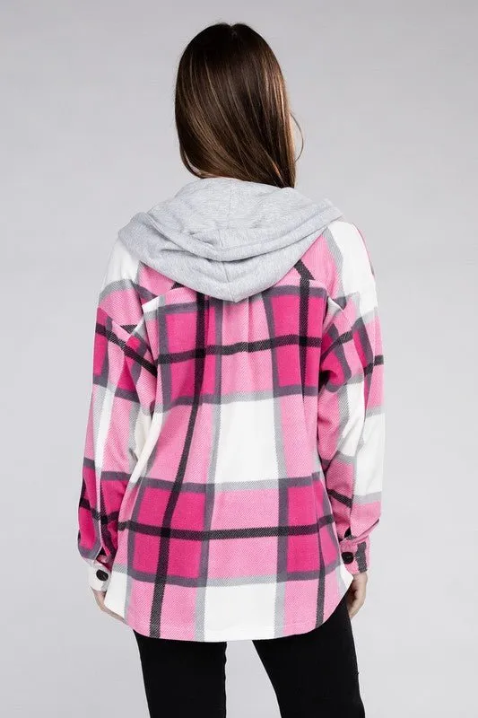 Cozy Plaid Fleece Hooded Shacket with Drawstring