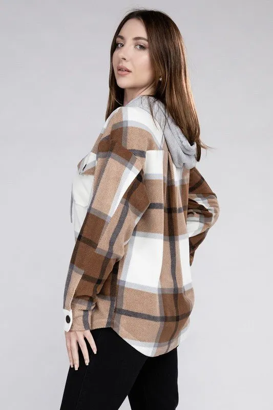 Cozy Plaid Fleece Hooded Shacket with Drawstring