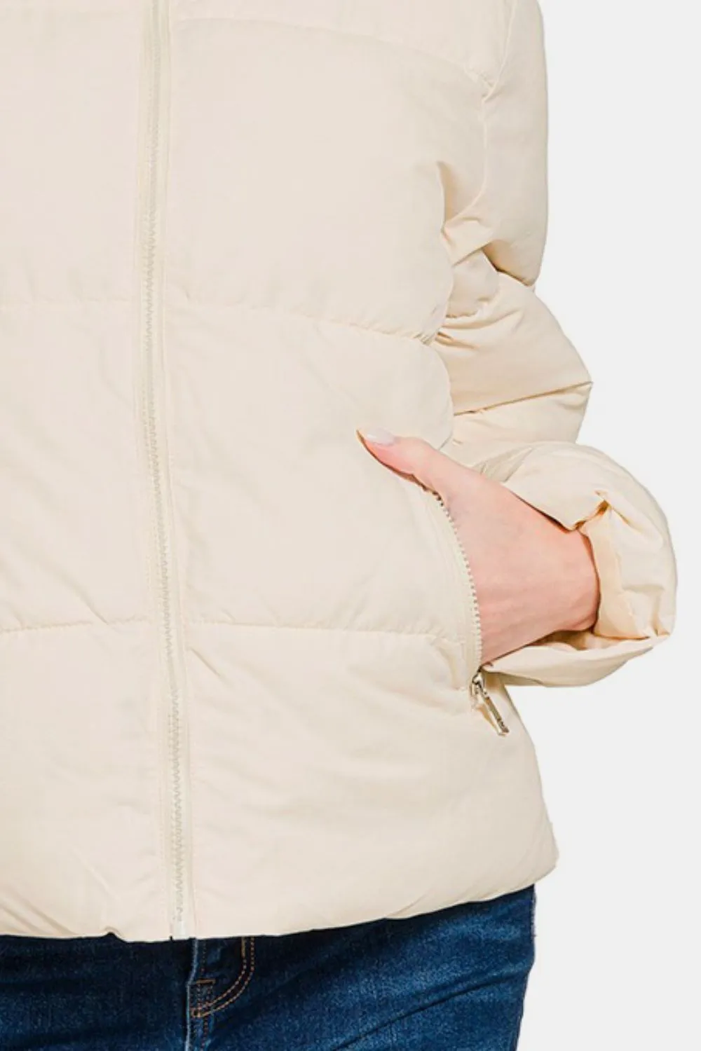 Cream Zip Up Turtleneck Puffer Jacket with Pockets