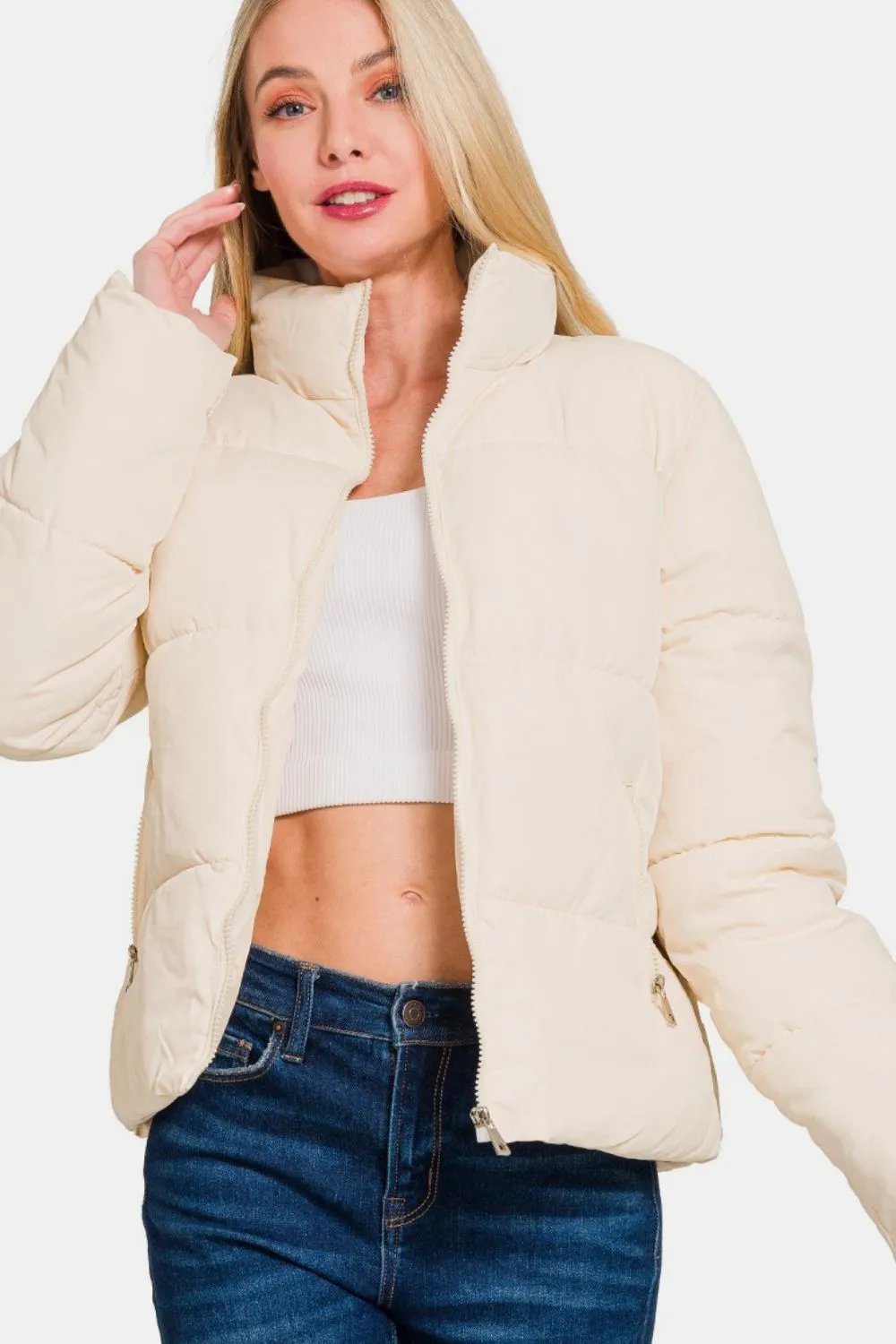 Cream Zip Up Turtleneck Puffer Jacket with Pockets