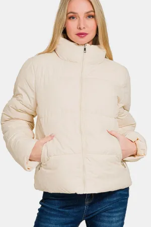 Cream Zip Up Turtleneck Puffer Jacket with Pockets