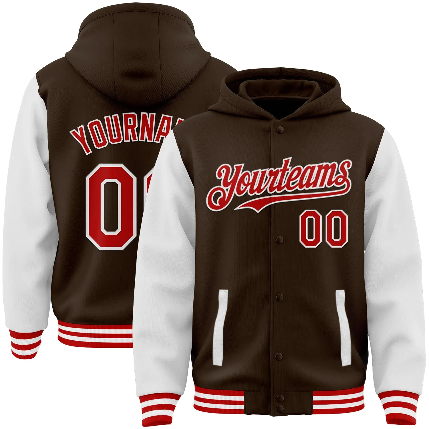 Custom Brown Red-White Bomber Full-Snap Varsity Letterman Two Tone Hoodie Jacket