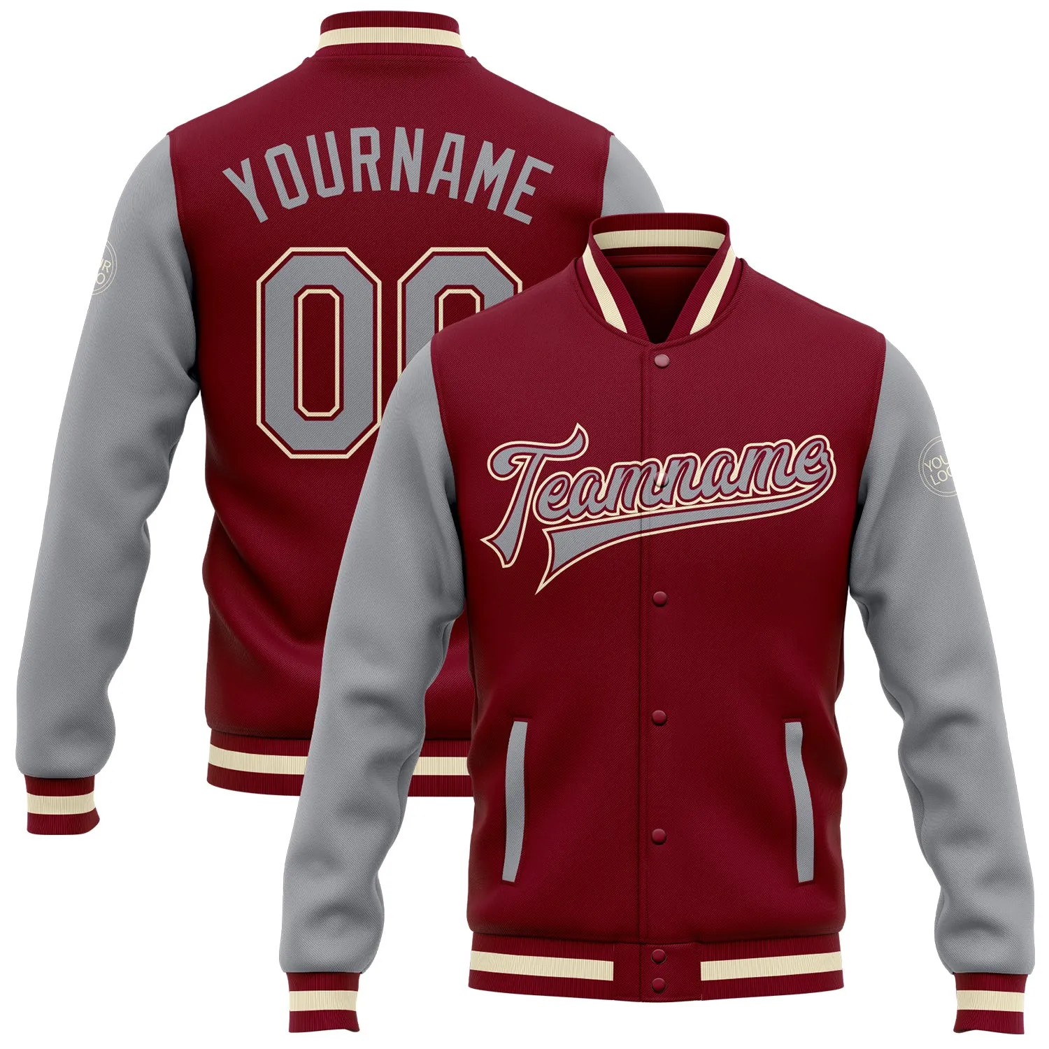 Custom Crimson Gray-Cream Bomber Full-Snap Varsity Letterman Two Tone Jacket