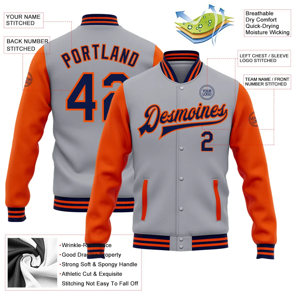 Custom Gray Navy-Orange Bomber Full-Snap Varsity Letterman Two Tone Jacket