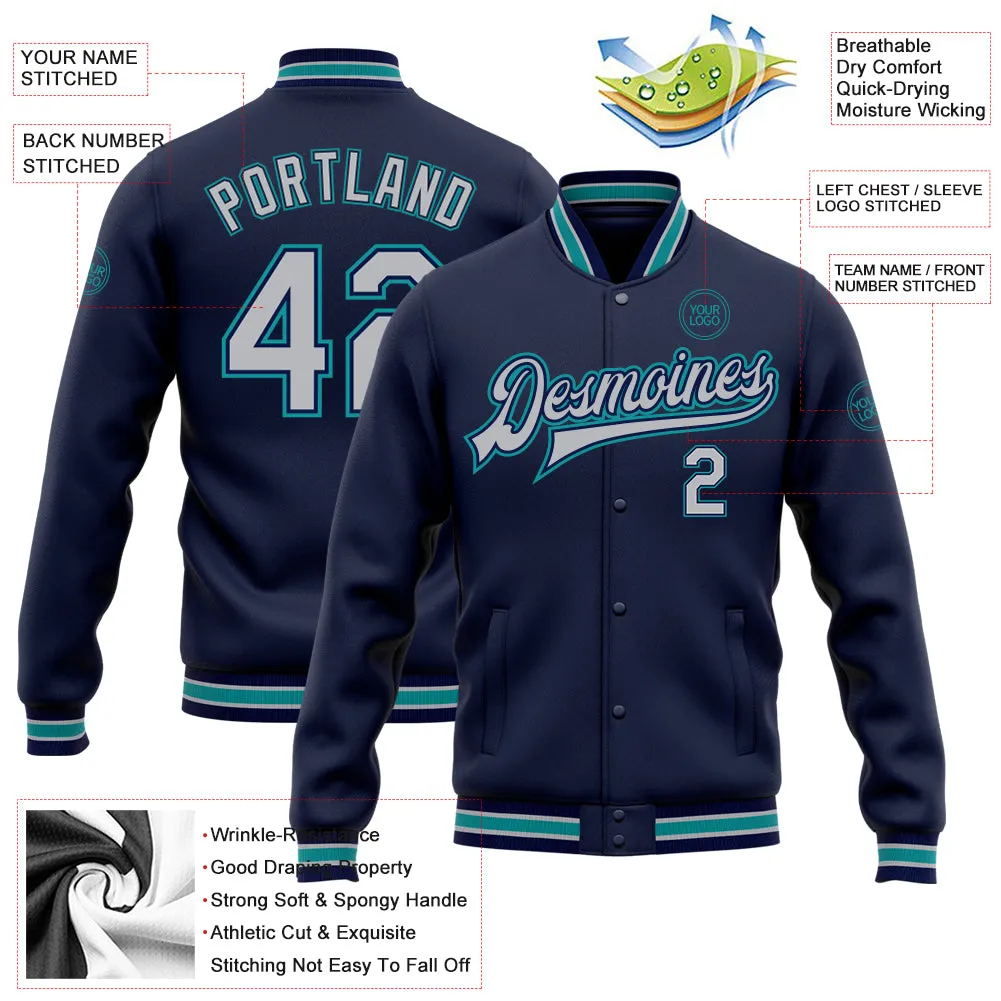 Custom Navy Gray-Teal Bomber Full-Snap Varsity Letterman Jacket