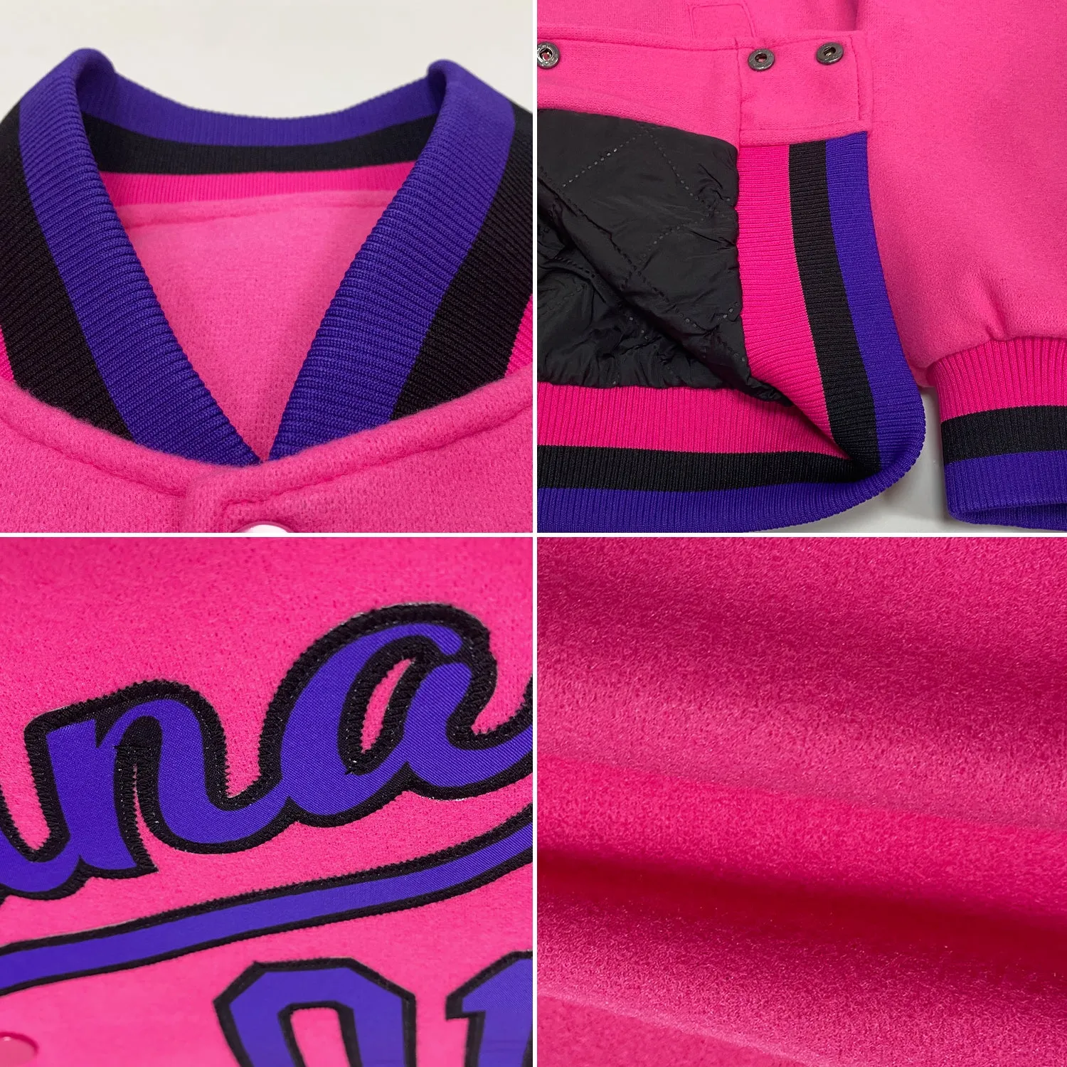 Custom Pink Purple-Black Bomber Full-Snap Varsity Letterman Jacket