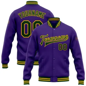 Custom Purple Green-Gold Bomber Full-Snap Varsity Letterman Jacket