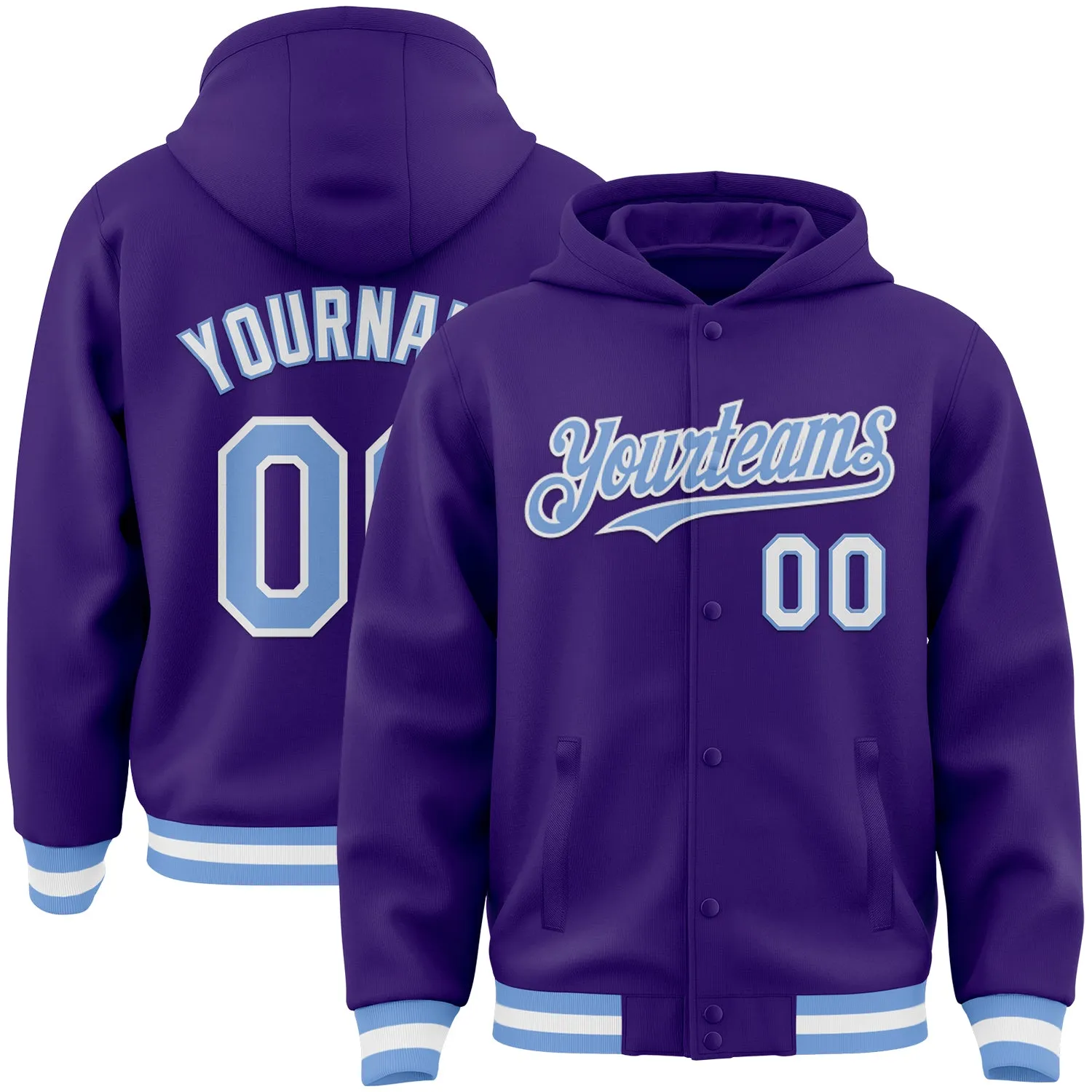 Custom Purple Light Blue-White Bomber Full-Snap Varsity Letterman Hoodie Jacket