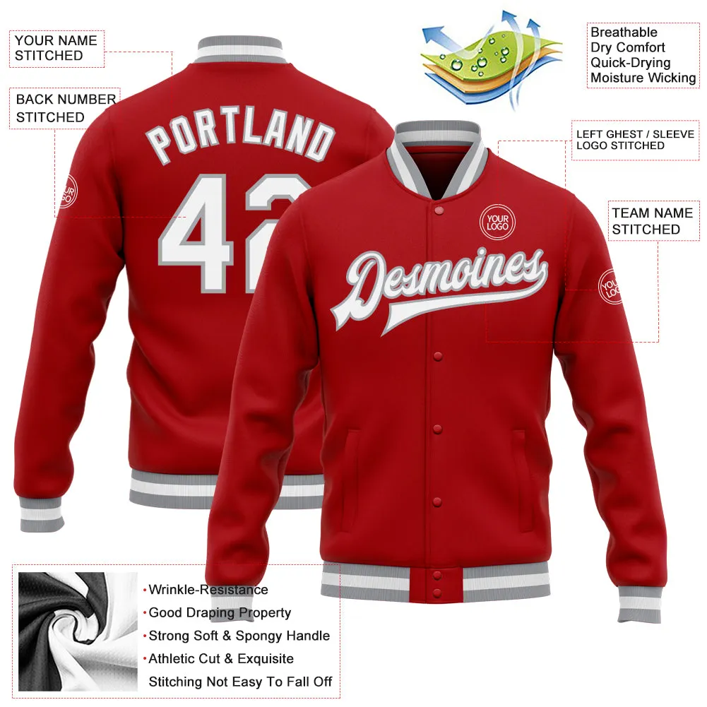 Custom Red White-Gray Bomber Full-Snap Varsity Letterman Jacket