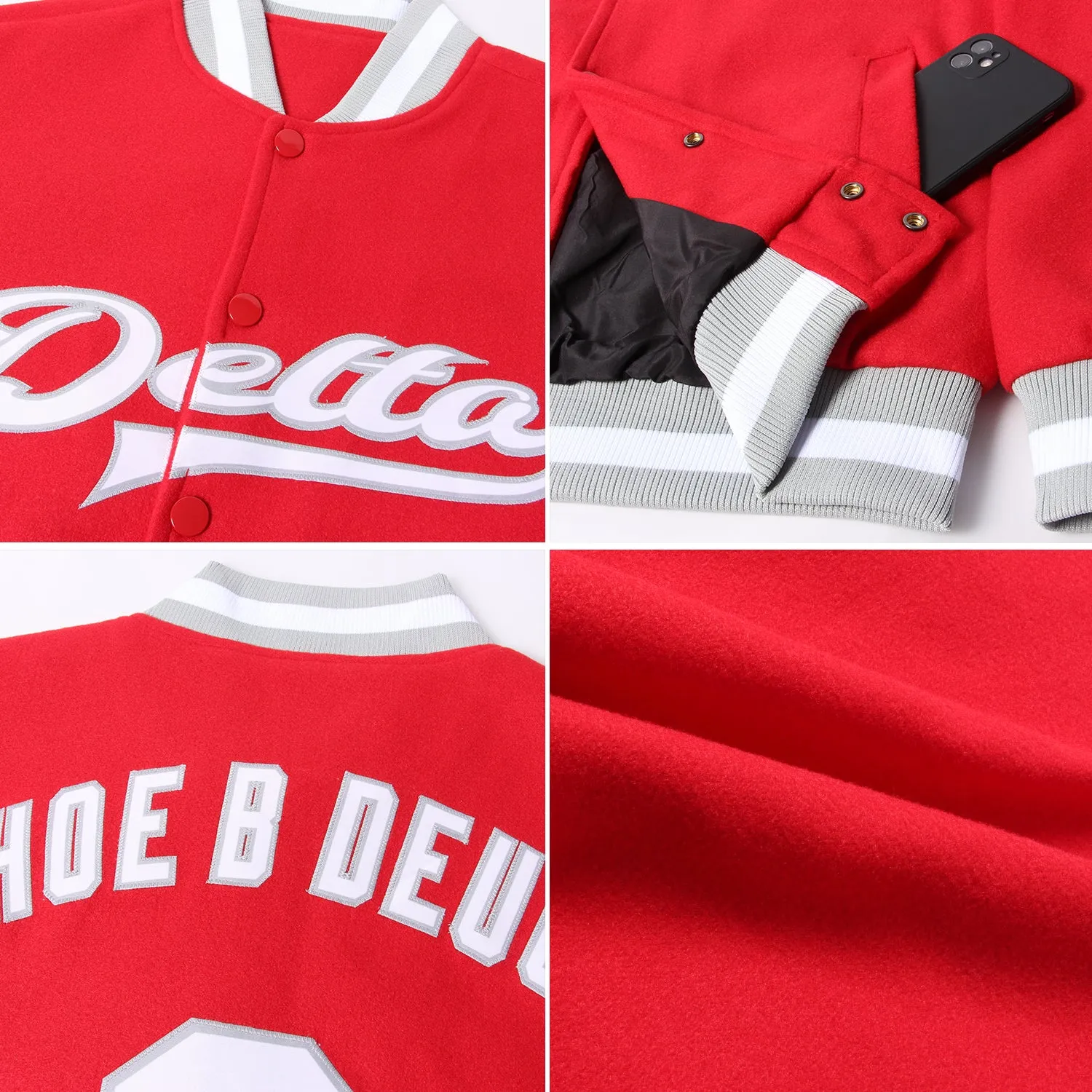 Custom Red White-Gray Bomber Full-Snap Varsity Letterman Jacket