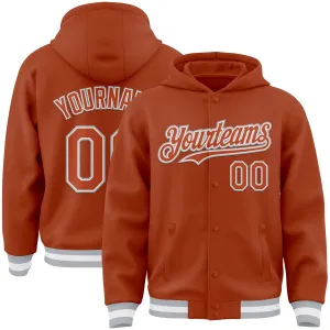 Custom Texas Orange White-Gray Bomber Full-Snap Varsity Letterman Hoodie Jacket