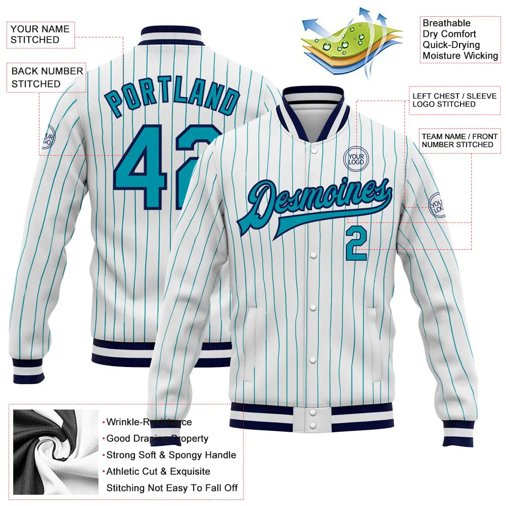 Custom White Teal Pinstripe Teal-Navy Bomber Full-Snap Varsity Letterman Jacket