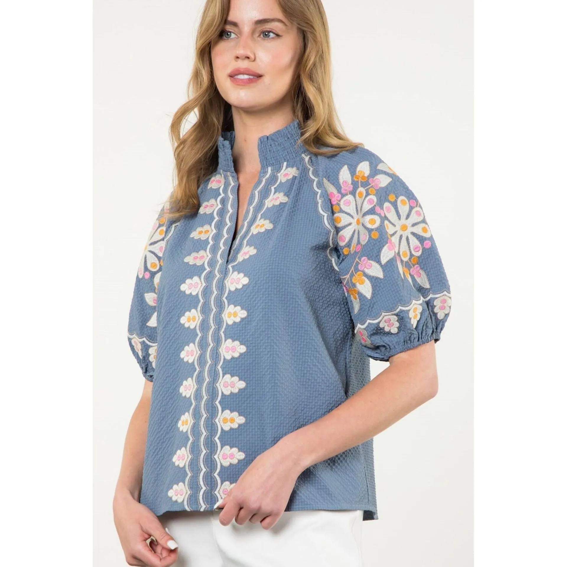 Darcy Embroidered Puff Sleeve Textured THML Top- SALE