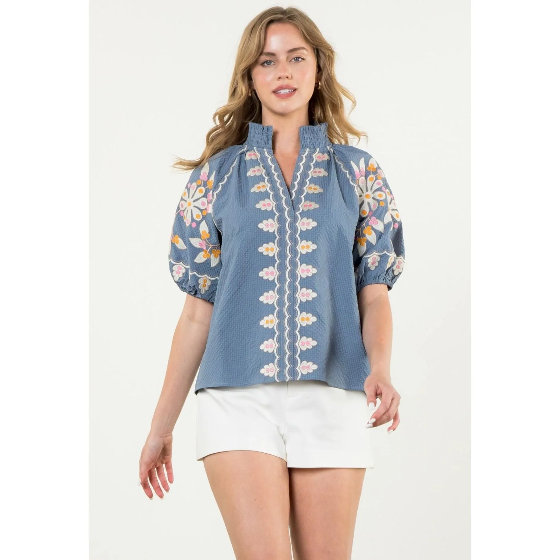 Darcy Embroidered Puff Sleeve Textured THML Top- SALE