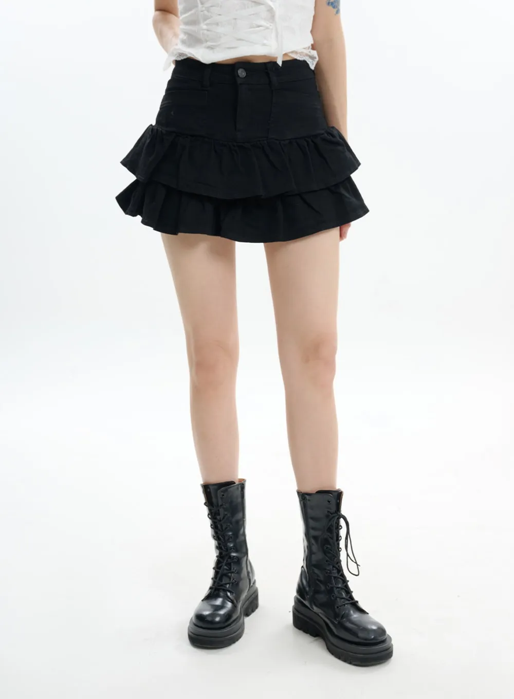 Denim Fringe Layered Mini Skirt IF413