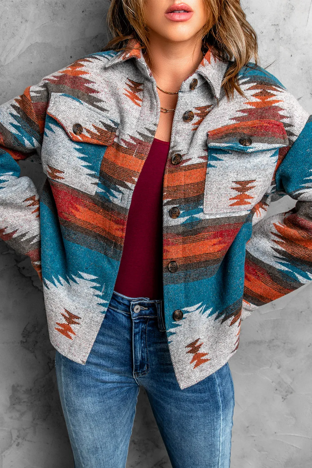 Distressed Aztec Lapel Shirt Jacket