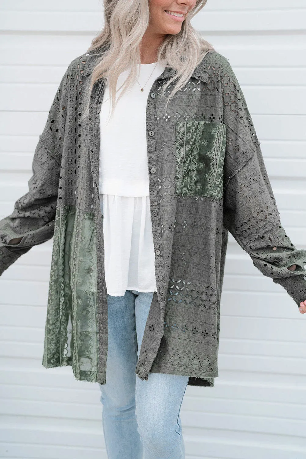 Duffel Green Eyelet Pattern Patchwork Oversized Button Up Shacket