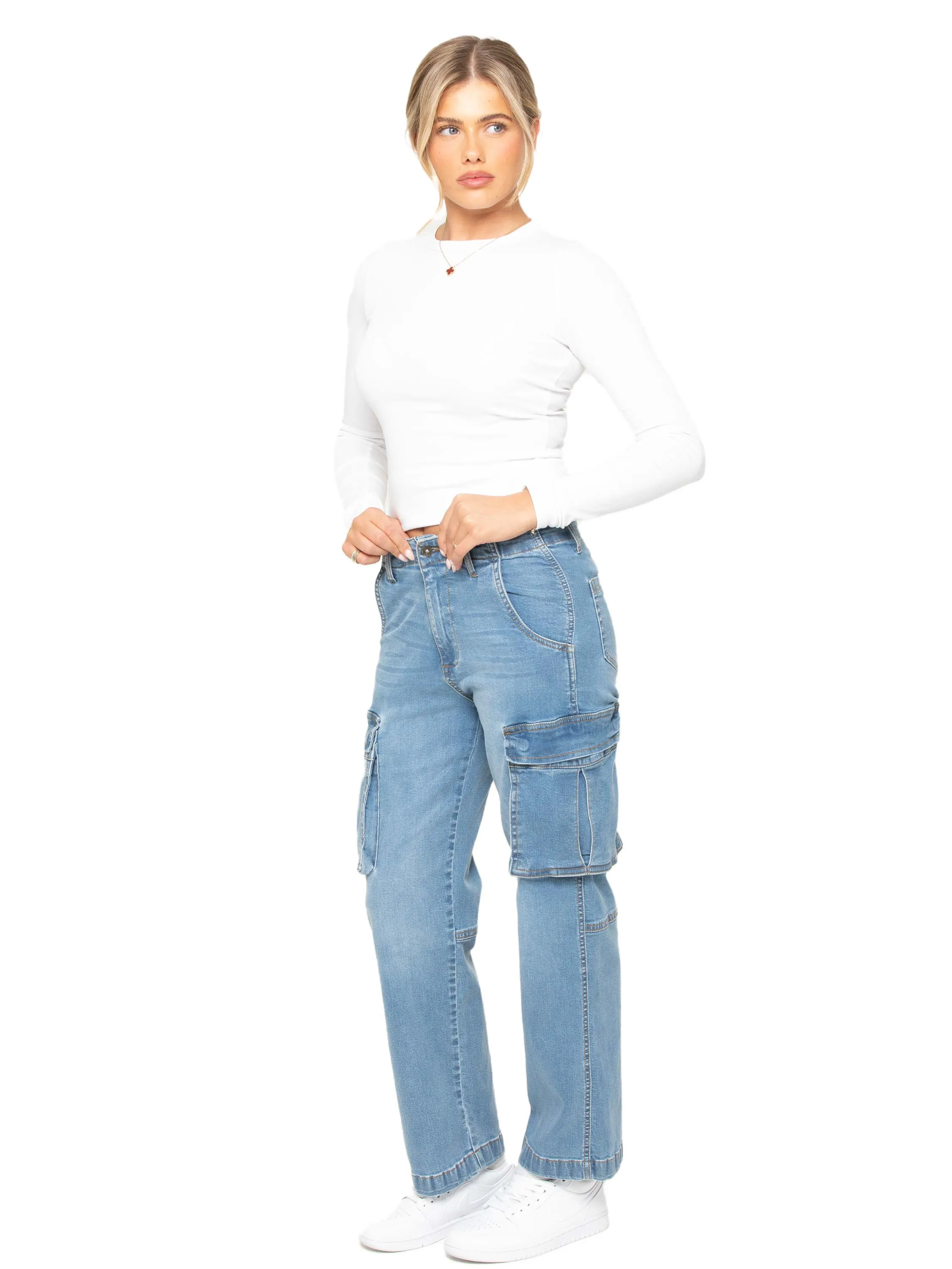 Enzo | Womens Cargo Straight Leg Jeans