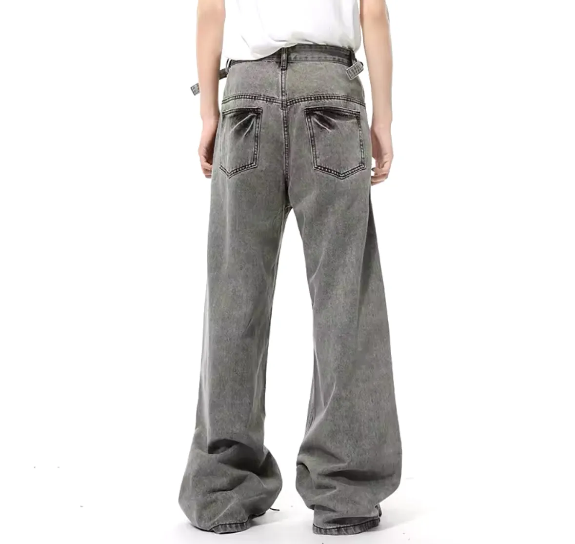 Faded Gray Built In Belt Baggy Jeans