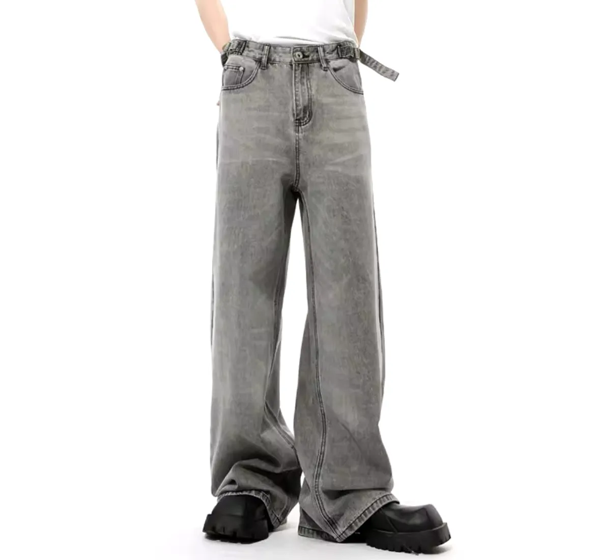 Faded Gray Built In Belt Baggy Jeans