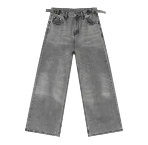 Faded Gray Built In Belt Baggy Jeans