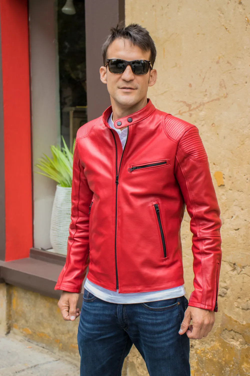 FALLOUT Leather Jacket  Red   - Cafe Racer