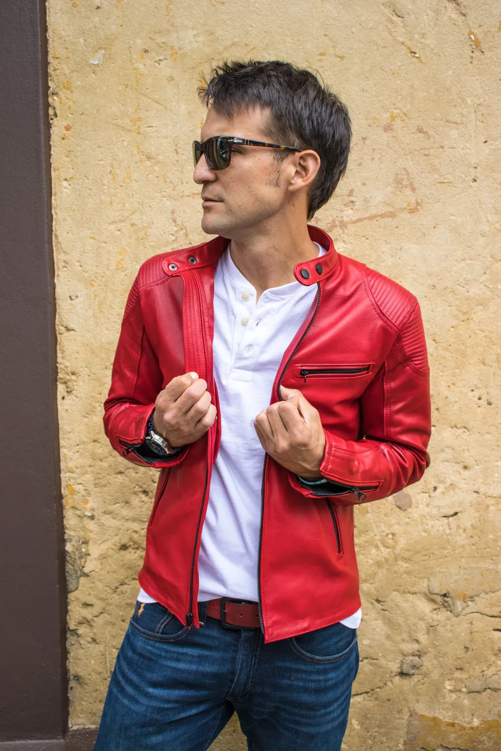 FALLOUT Leather Jacket  Red   - Cafe Racer