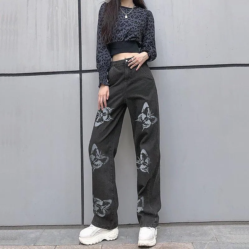 FashionSierra - Women's butterfly print high waist jeans straight wide leg jeans for spring/summer