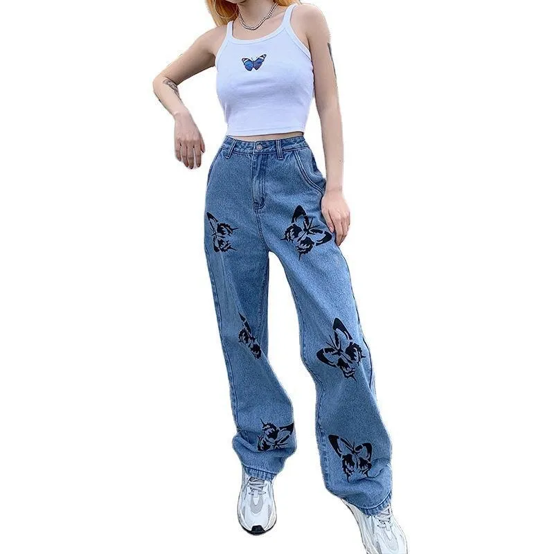 FashionSierra - Women's butterfly print high waist jeans straight wide leg jeans for spring/summer