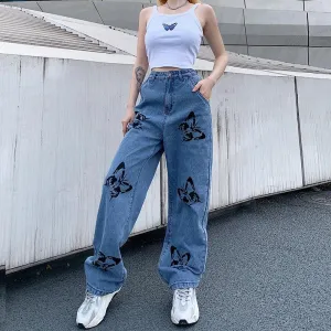 FashionSierra - Women's butterfly print high waist jeans straight wide leg jeans for spring/summer