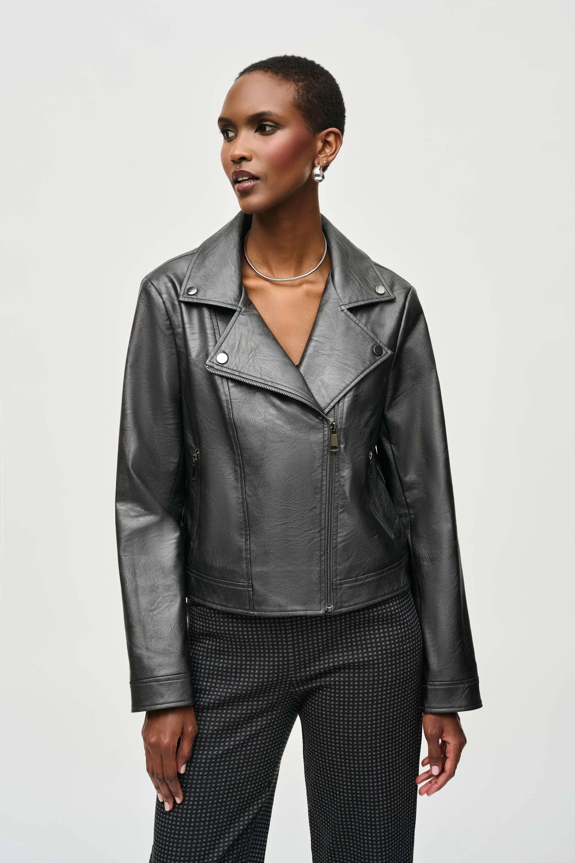 Faux leather biker jacket in gunmetal