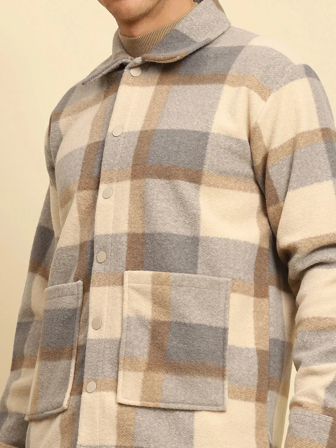 Fawn Check Ploy Blend Checkered Relaxed Fit Shacket