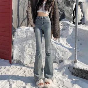 Female 2024 High-Waisted Slim Elastic High Street Small Horseshoe Flare Jeans