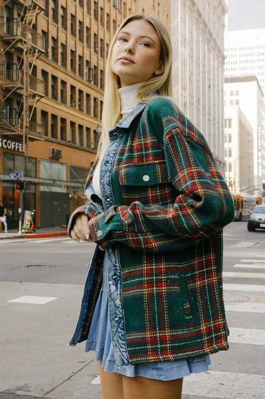 Flannel Green Shacket With Denim Contrast Jacket