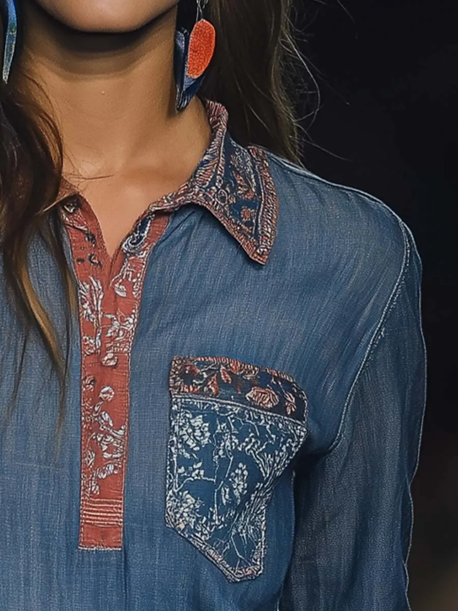 Floral Print Denim Henley Shirt