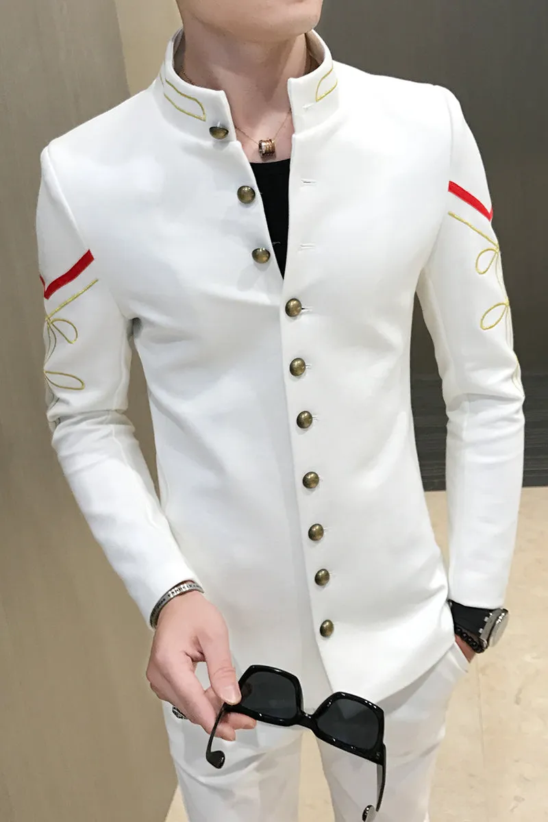 Gold Button Chinese Collar Men Slim Fit Blazer Jacket