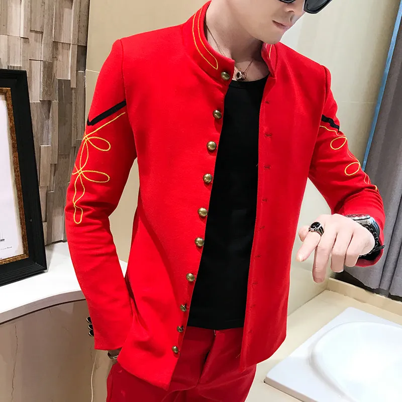 Gold Button Chinese Collar Men Slim Fit Blazer Jacket