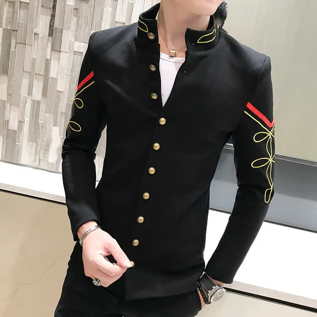 Gold Button Chinese Collar Men Slim Fit Blazer Jacket